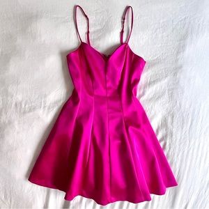 Bebe Fuchsia Pink Satin V-Neck Babydoll Mini Dress, Size 4